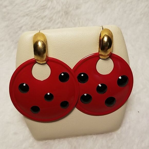 Vintage Red & Black Dot Earrings - Picture 1 of 3